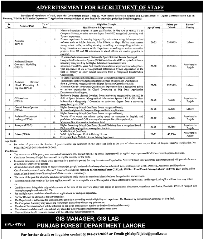 Punjab Forest Department GIS Lab Jobs 2025 Advertisement