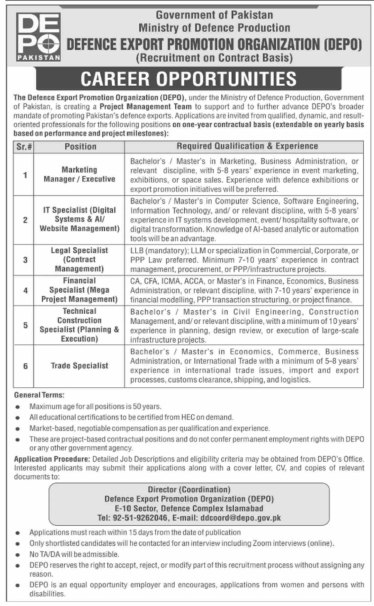 DEPO Project Management Team Positions 2025 Advertisement