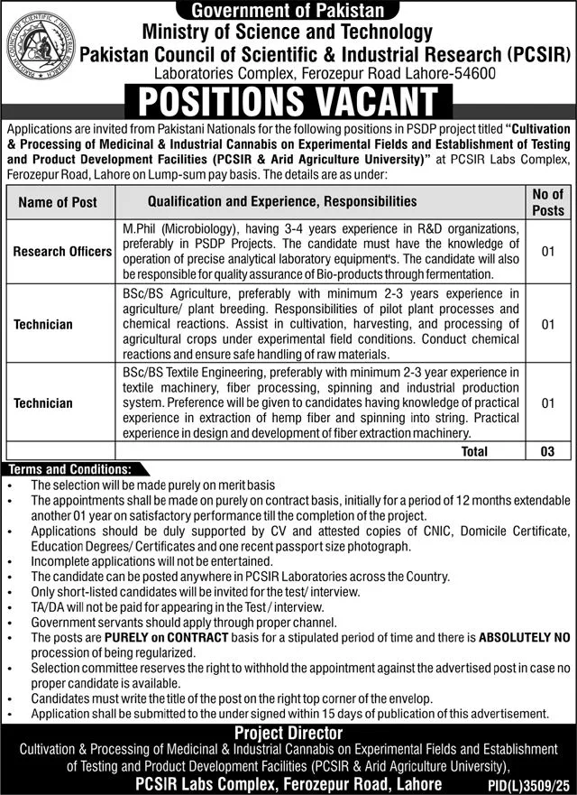 PCSIR Jobs 2026 - Research Officers and Technicians for Cannabis Cultivation Project Lahore Advertisement